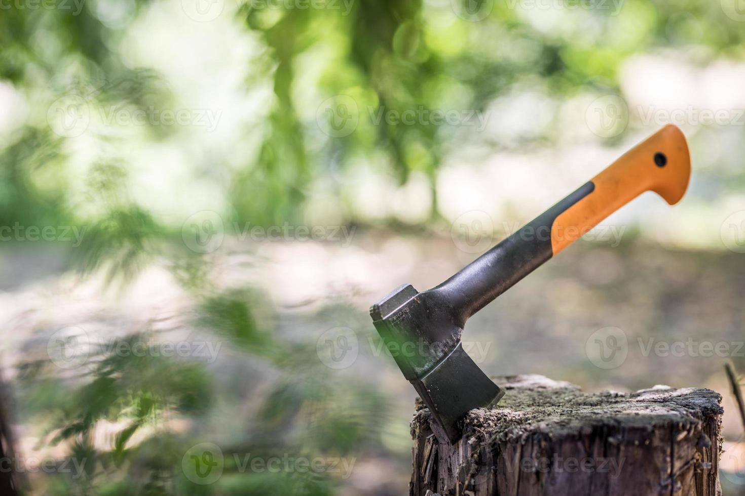 Axe in the stump. Modern axe tool impaled in log and fragments of alder wood behind it, hatchet tool splitting wood stumps and chopped logs lying on the ground, objects in horizontal orientation photo
