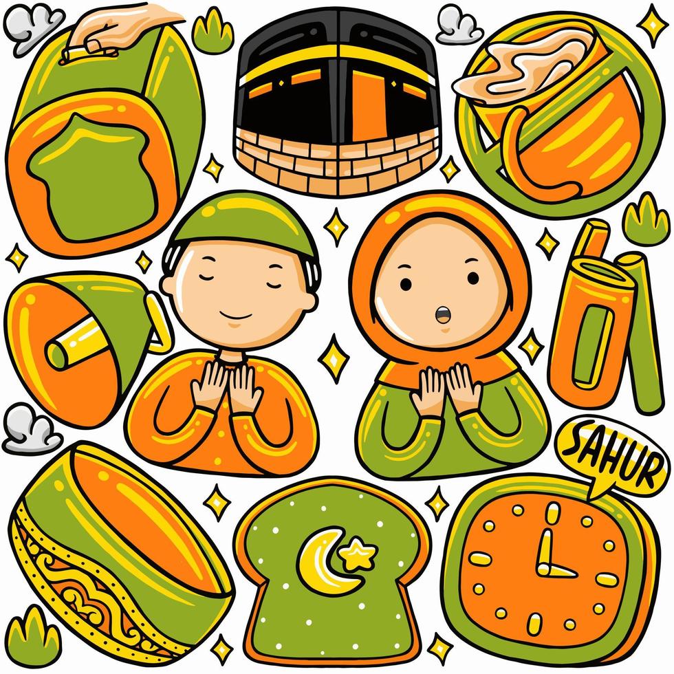 Ramadan doodle in flat cartoon style vector