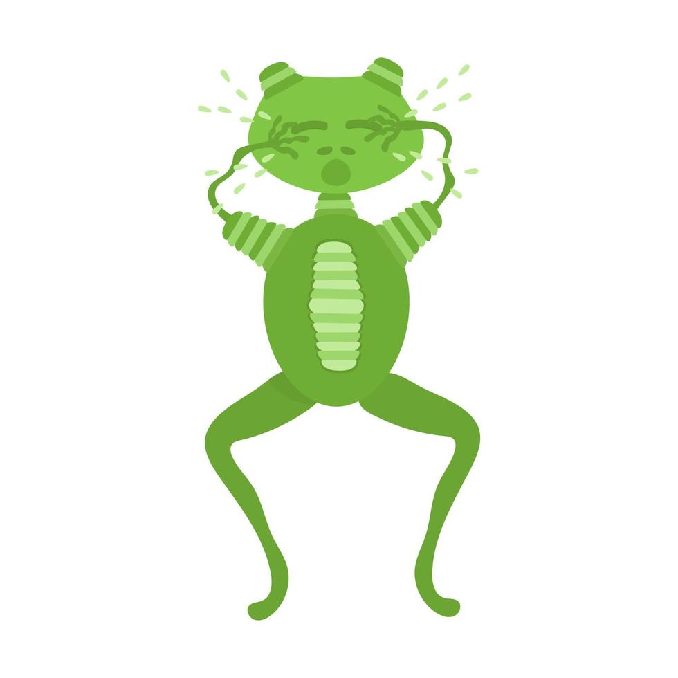 Cute crying green frog in vector on white background. Drawn cartoon character