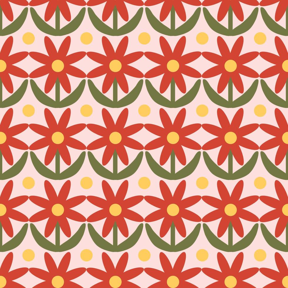 Retro Floral Pattern. 70s Funky Design with Geometric Flowers. Groovy Mid Century scandi Seamless vector texture for fabric design, textile print, wrapping, cover
