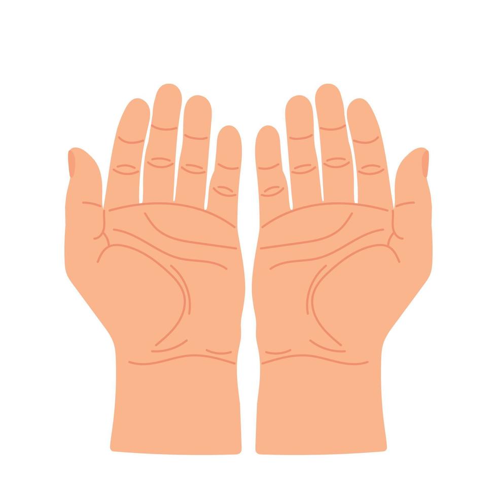 Open hands looking up for praying or asking. Palm hands up. Gesture with two hands together. Vector flat illustration.