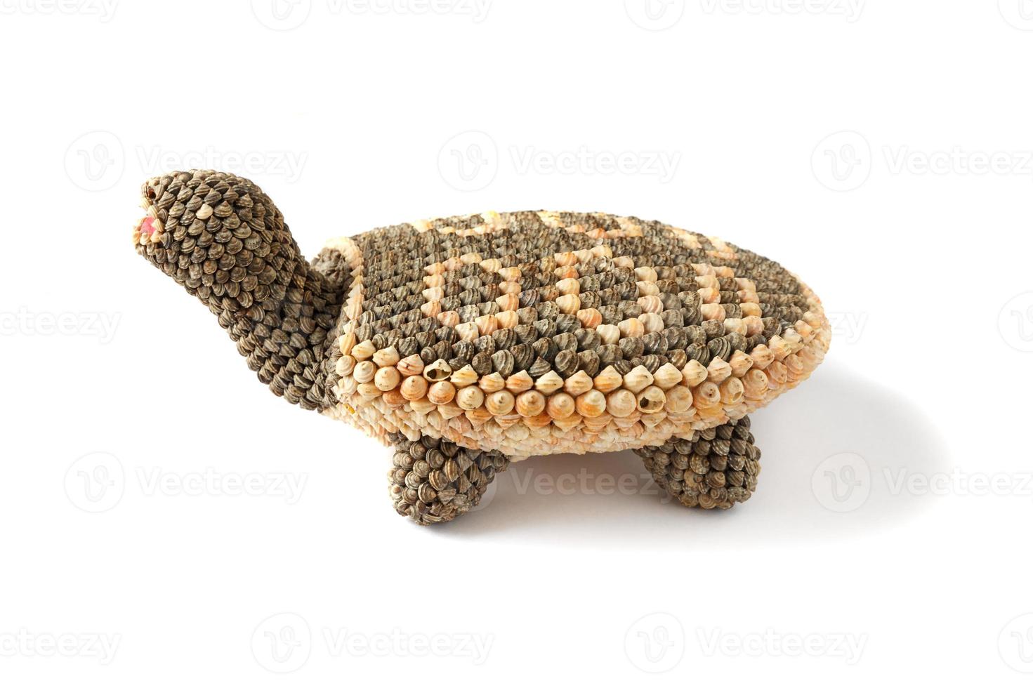 una figura de tortuga sobre un fondo blanco cubierta de conchas marinas. foto