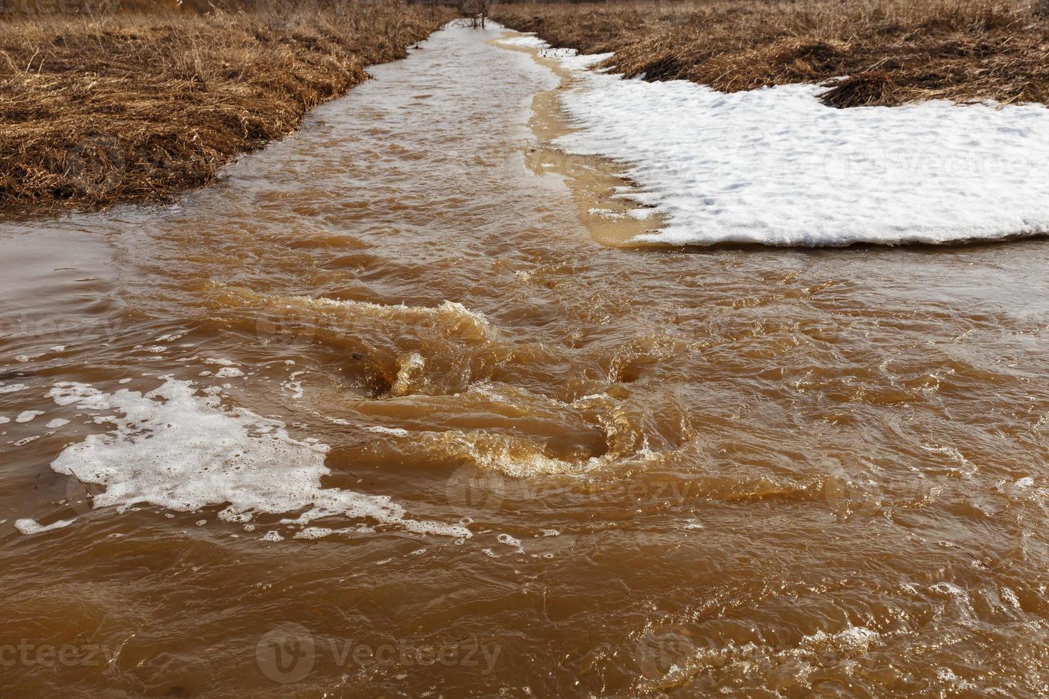 agua fangosa del río. corriente rápida con agua sucia durante el deshielo en primavera. foto