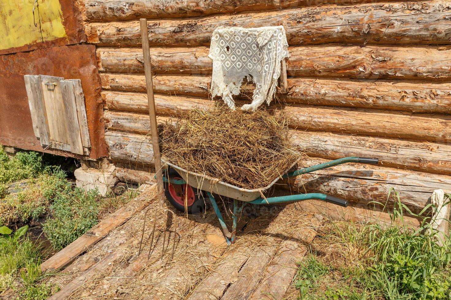 garden cart filled with cow dung stands against the wall of the barn. photo