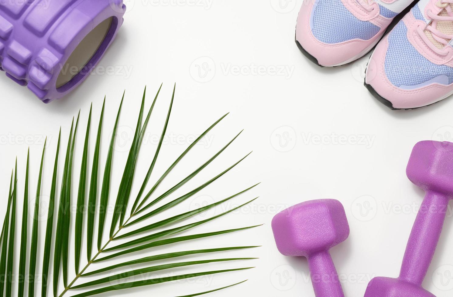 pair of pink sneakers and purple dumbbells on a white background, sports photo