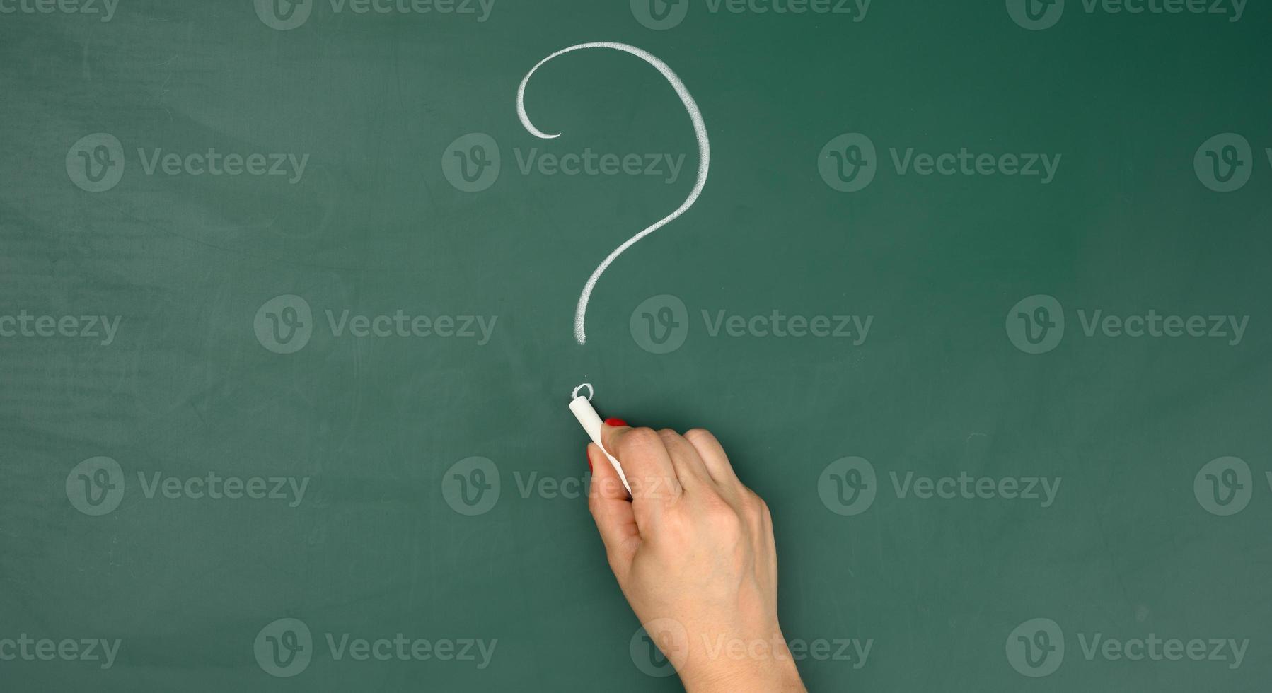 white chalk drawn question mark and female hand. Question and answer concept photo