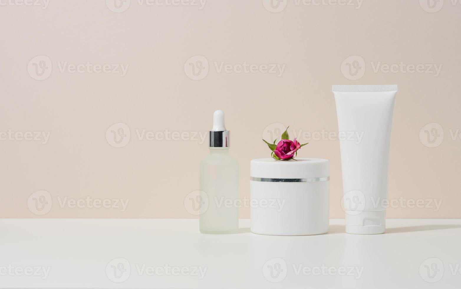 empty white plastic tubes and jars for cosmetics. Packaging for cream, gel, serum, advertising and product promotion photo
