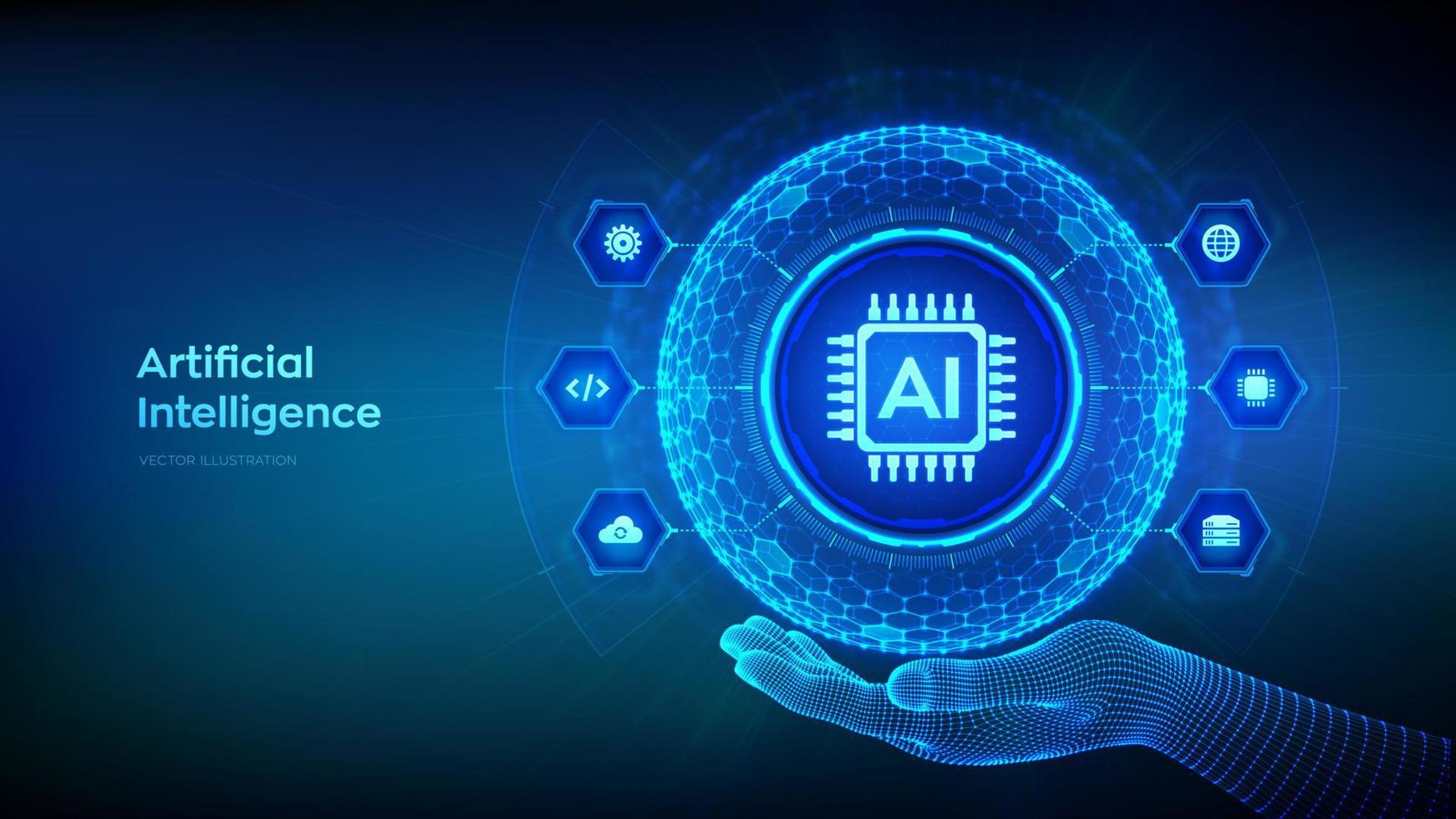 AI. Artificial Intelligence in the shape of sphere with hexagon grid pattern in wireframe hand. Machine Learning Concept. Big data. Neural networks. AI and virtual technology. Vector illustration.