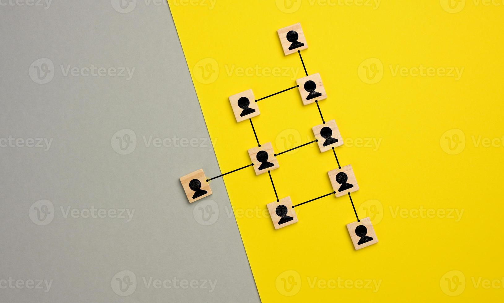 wooden blocks with figures on a gray yellow background, hierarchical organizational structure of managemen photo