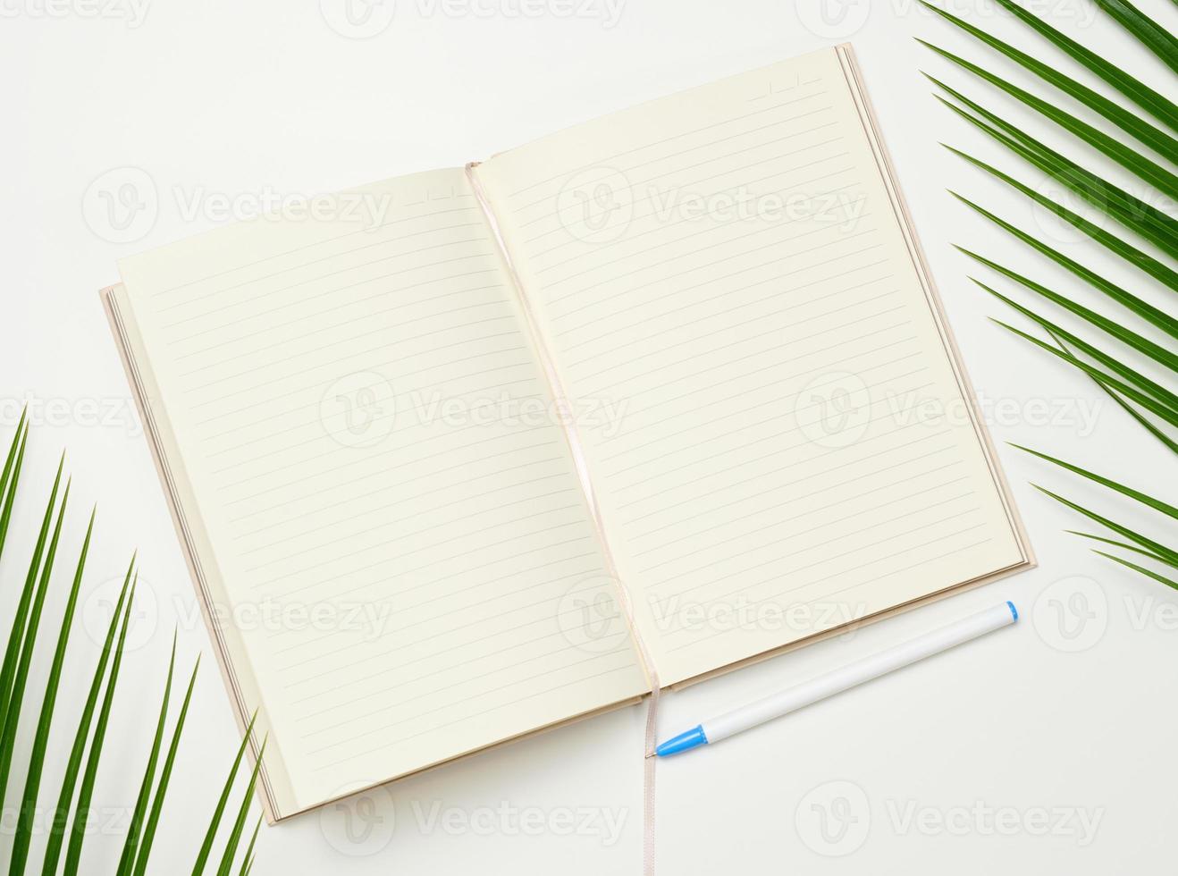 Open notebook with blank white sheets on a white background, top view. photo