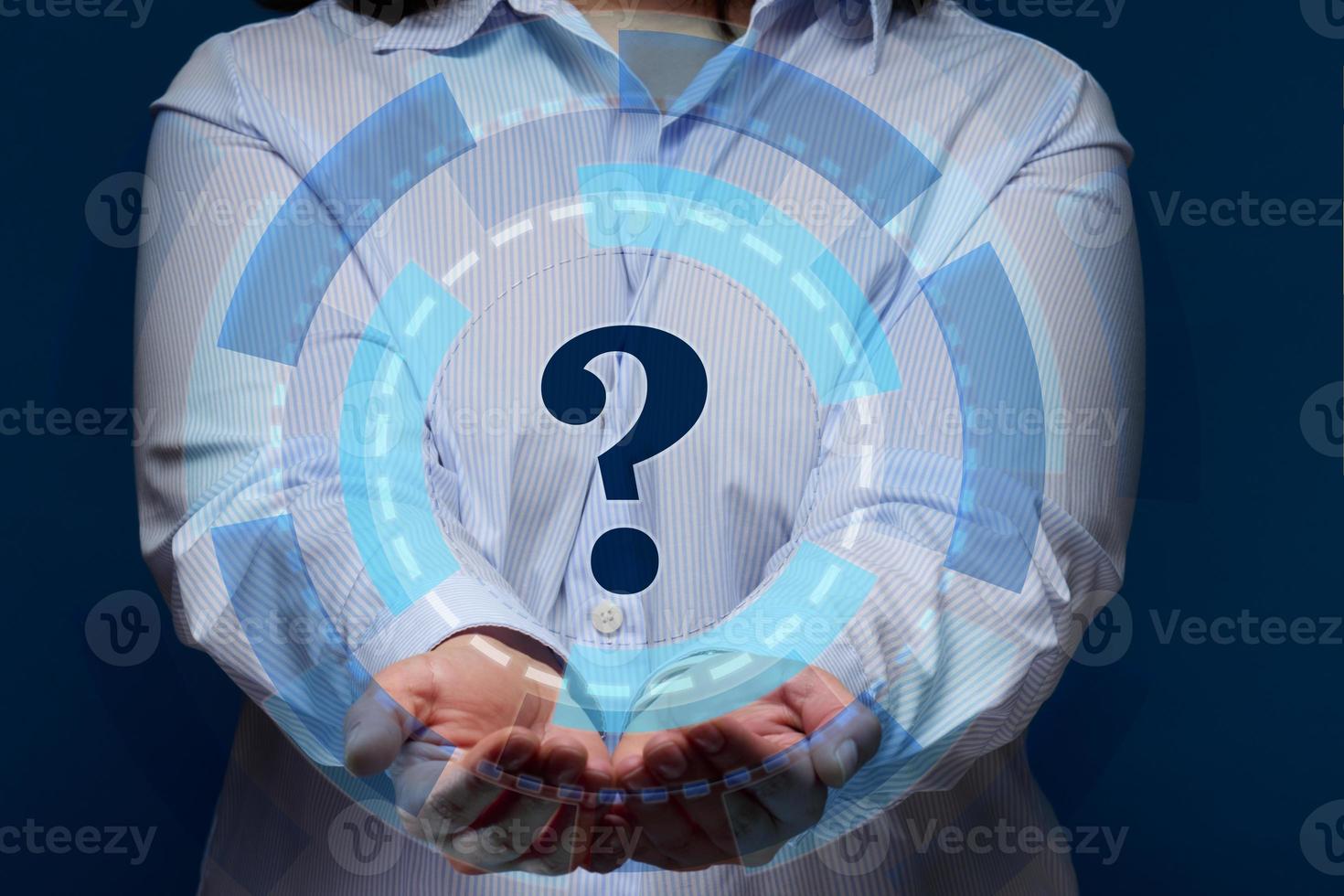 a woman in a striped shirt stands on a blue background, a holographic scheme and a question mark photo