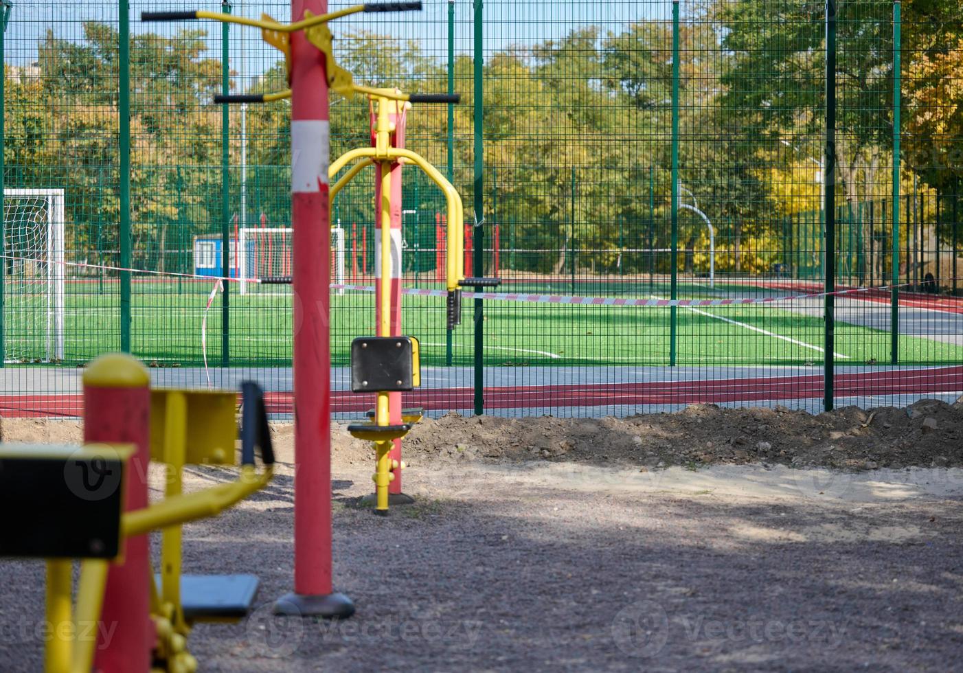 sports equipment in a public park without people, an empty playground during a pandemic and epidemic. Lockdown time photo
