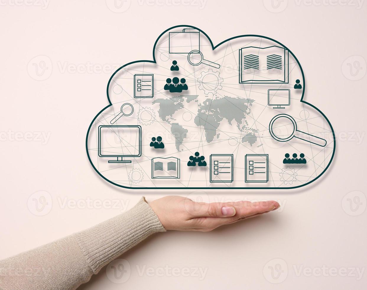 Woman's hand on a beige background. Cloud data storage, information exchange and secure data storage photo