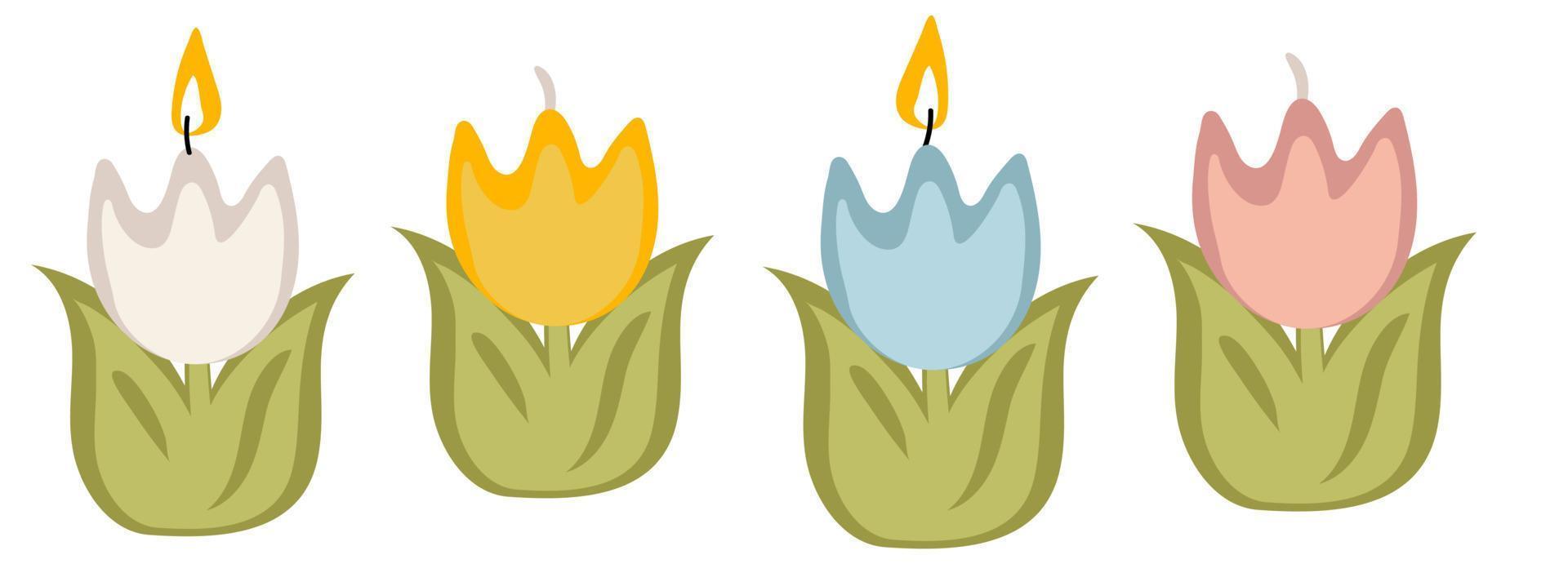 un juego de velas de pascua en tulipanes simples de colores. tulipanes de colores rosa, azul, amarillo, velas de cera blanca con mecha. velas de pascua uso para pancartas de volantes. ilustración plana. infantil vector