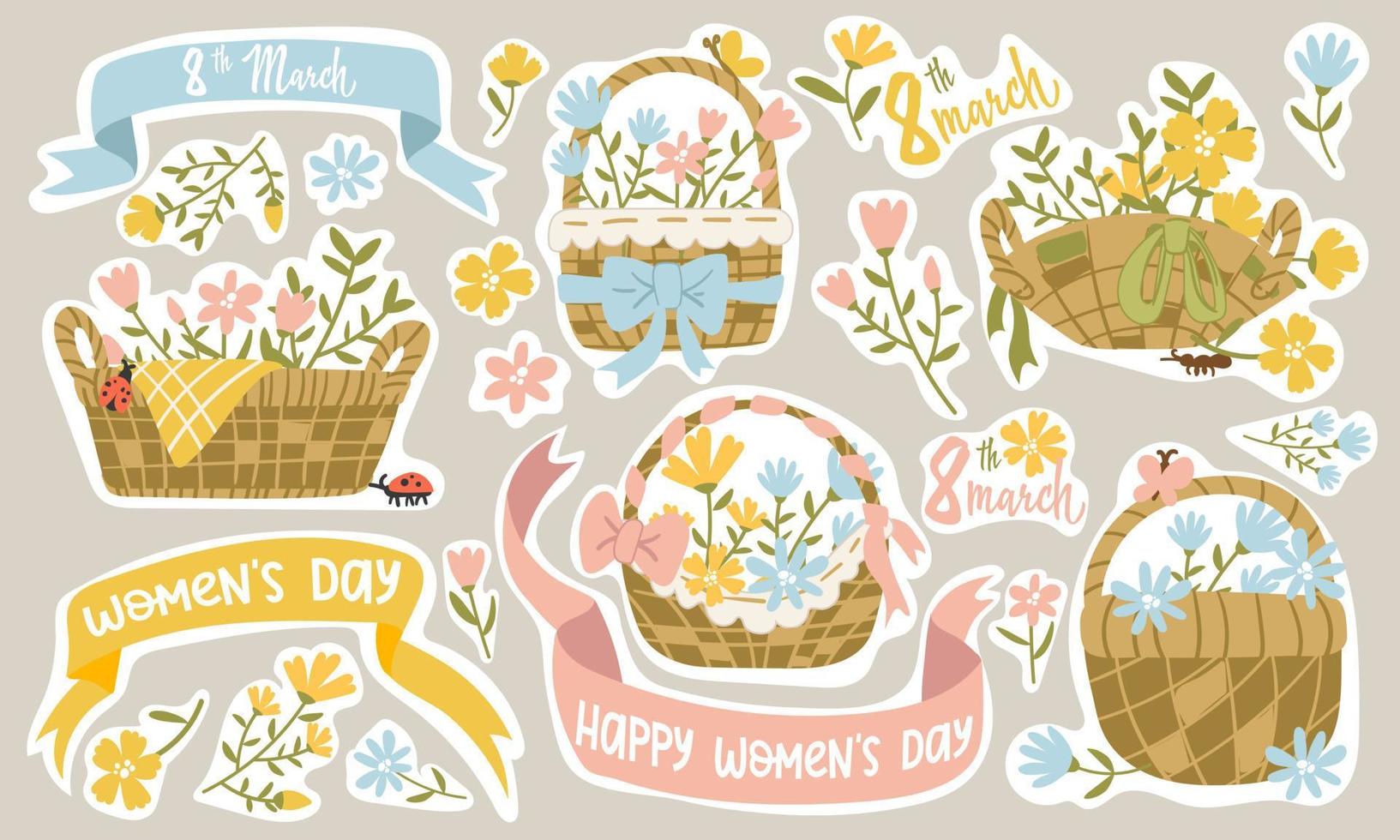 A set of inscriptions and illustrations for March 8 with a ribbon and flowers. Women's Day. Calligraphy-style inscriptions in English. Template for posters, postcards, banners, stickers. Women's day vector