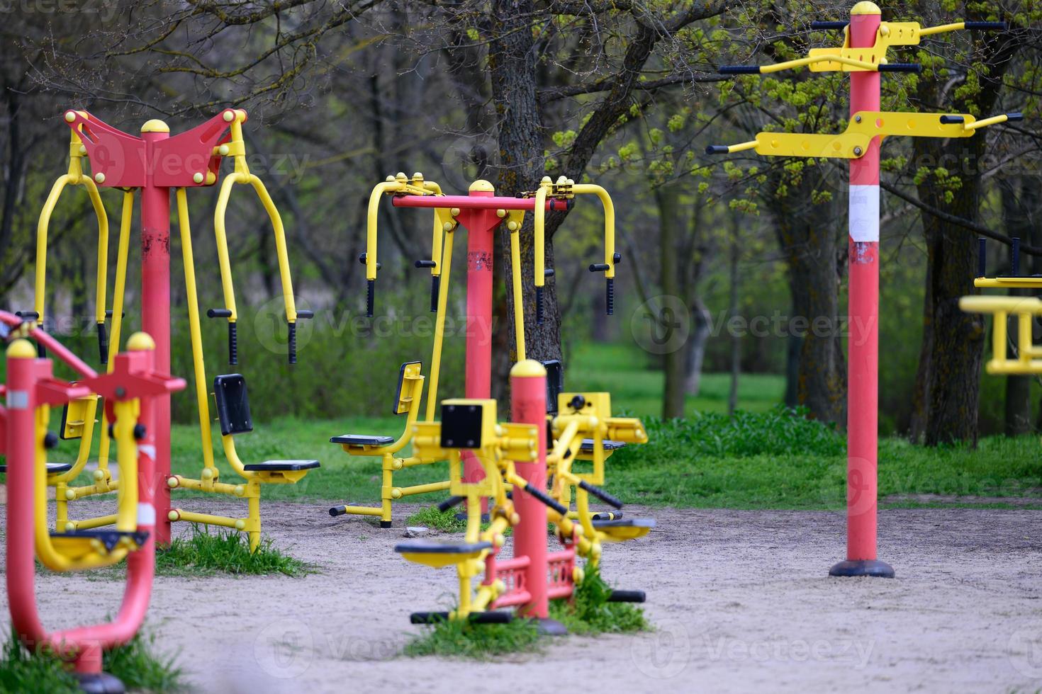 sports equipment in a public park without people, an empty playground during a pandemic and epidemic. Lockdown time photo