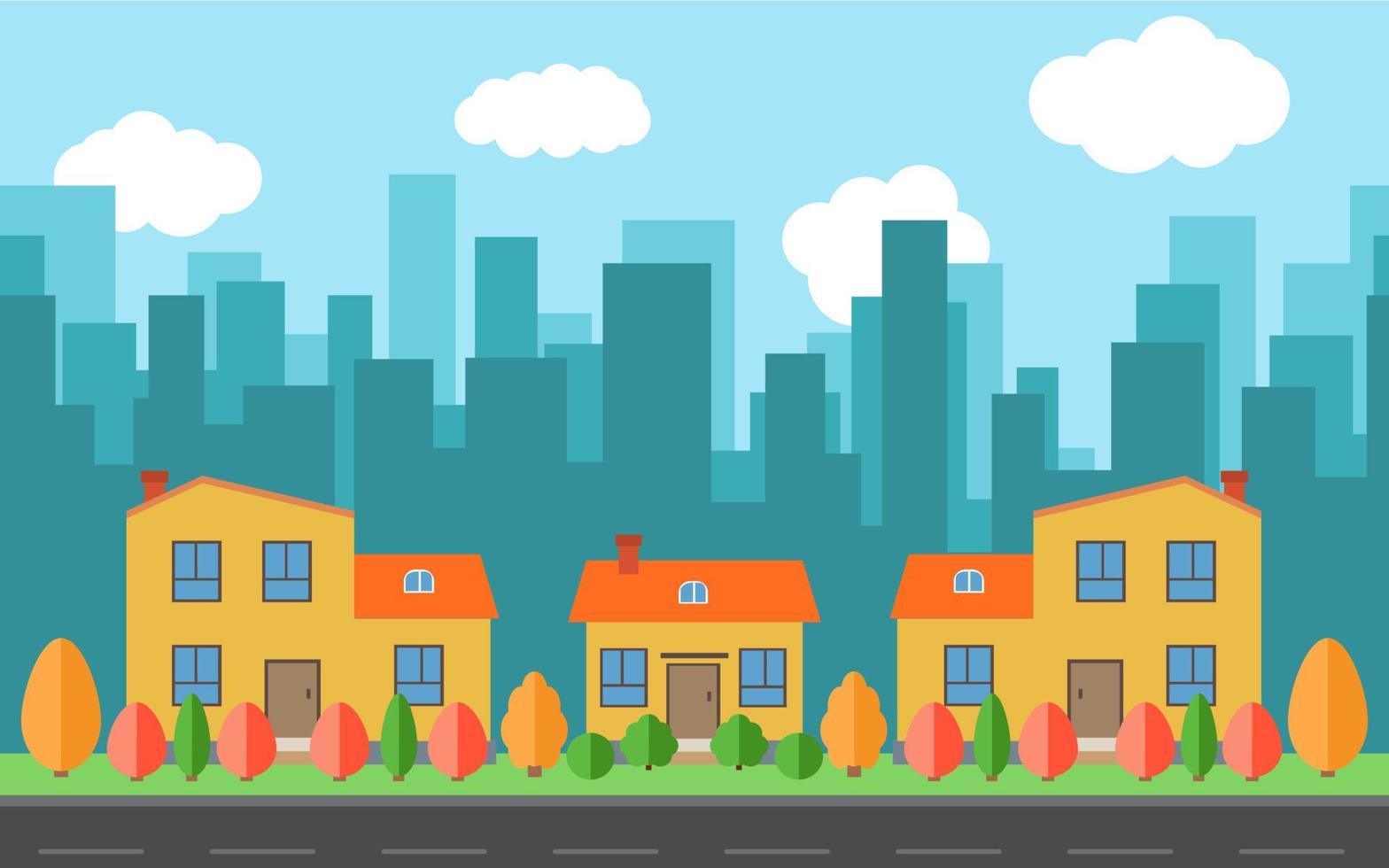 Vector city with cartoon houses and buildings with red, yellow and green trees and shrubs