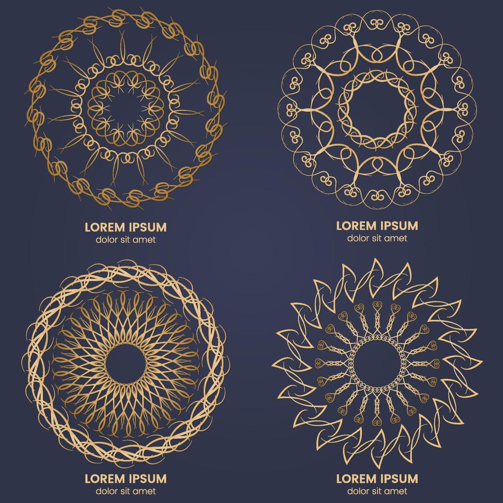 Set of four vintage geometric circular elements. Vector gold monogram on dark blue background. Vector illustration