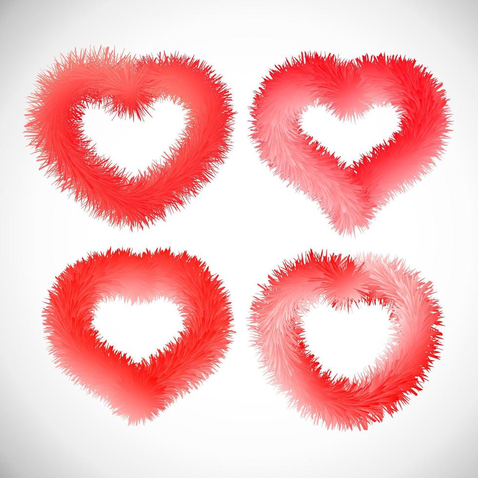 Set of four red hearts with fur effect. Symbol of Love. Vector illustration.