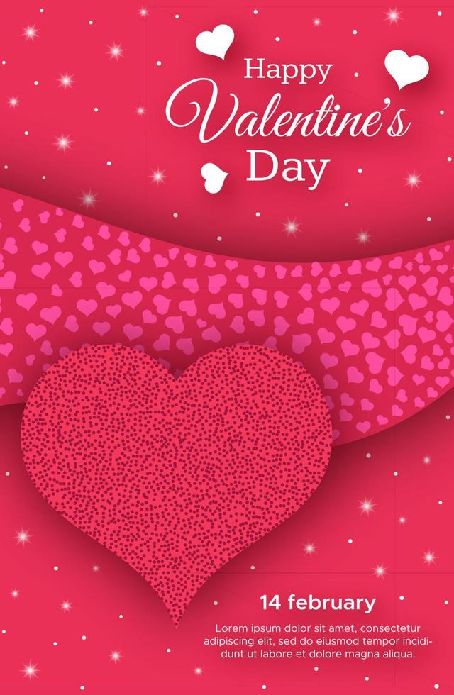 Happy Valentines Day Background. Red greeting stories banner with text and hearts. Vector illustration.