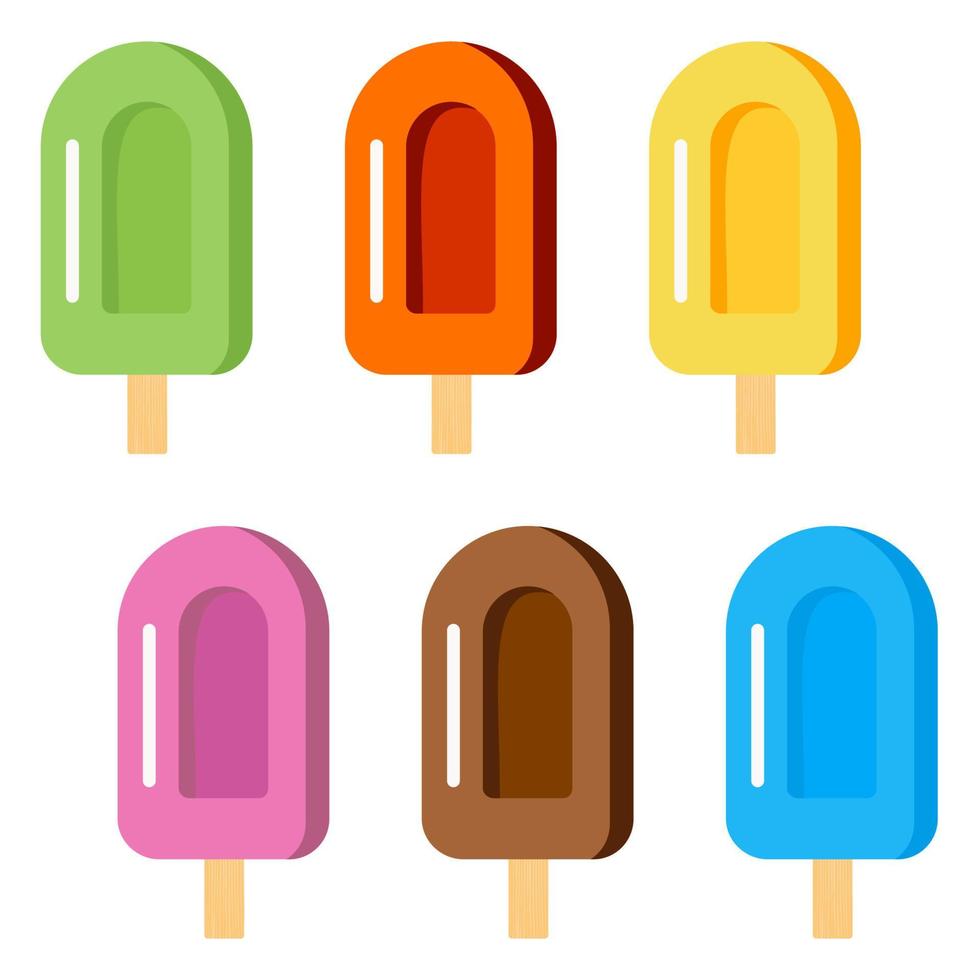 Set of vector illustration of ice cream. Multicolored creamy ice cream on a wooden stick