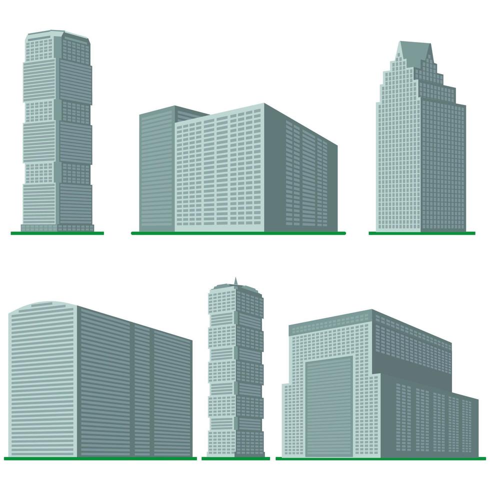 Set of six modern high-rise building on a white background. View of the building from the bottom. Isometric vector illustration.