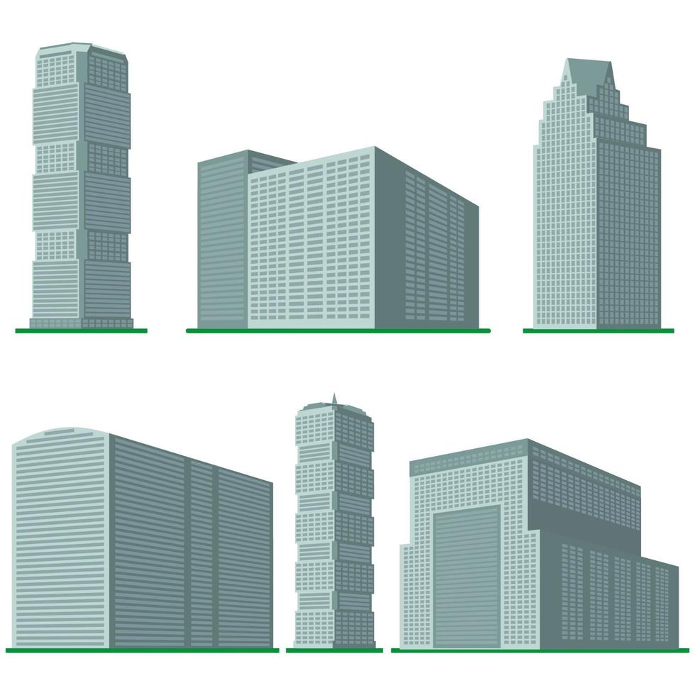 conjunto de seis edificios modernos de gran altura sobre un fondo blanco. vista del edificio desde abajo. ilustración vectorial isométrica. vector