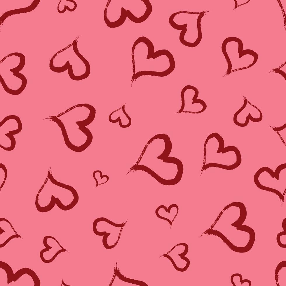 Seamless pattern with hand drawn hearts. Doodle grunge red hearts on red background. Vector illustration.