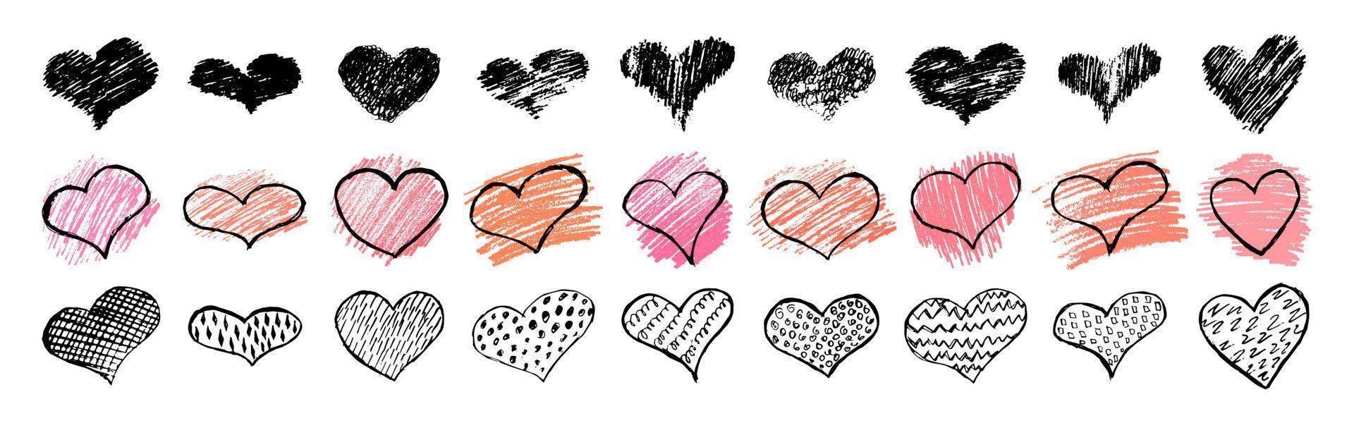 Hearts. Hand drawn hearts in doodle style on white background. Symbol of love and romantic. Vector illustration.