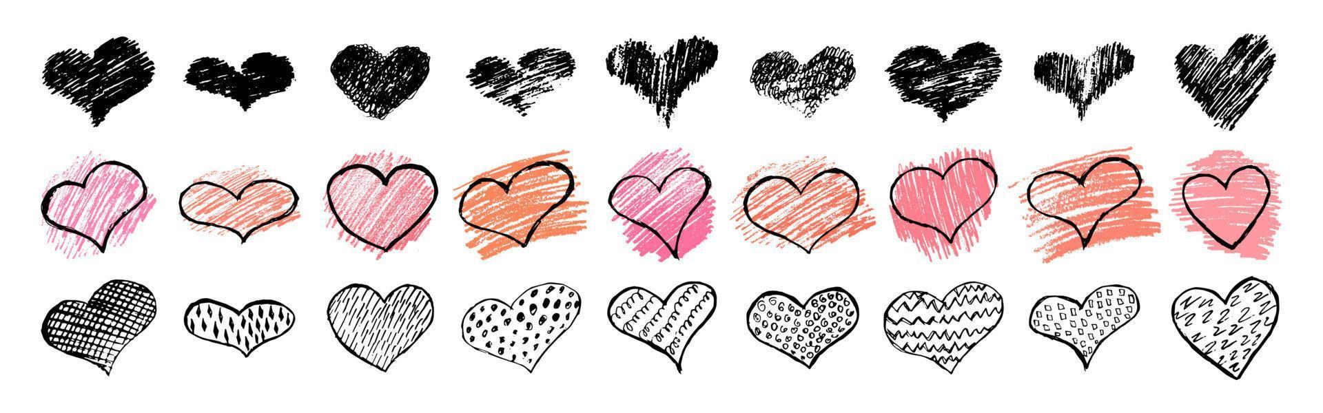 corazones. corazones dibujados a mano en estilo garabato sobre fondo blanco. símbolo de amor y romántico. ilustración vectorial vector