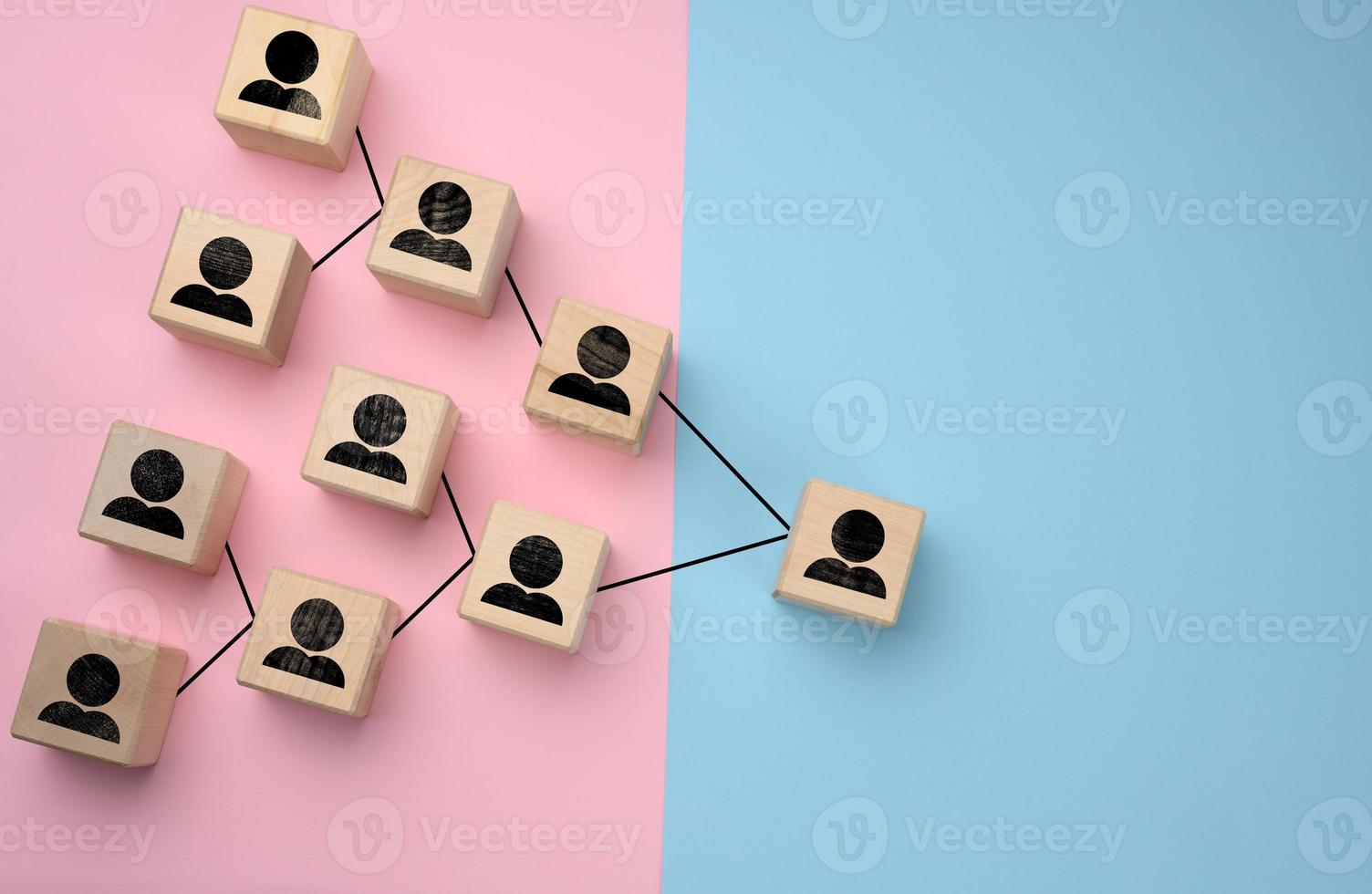 wooden blocks with figures on a lilac background, hierarchical organizational structure of management, gender balance photo