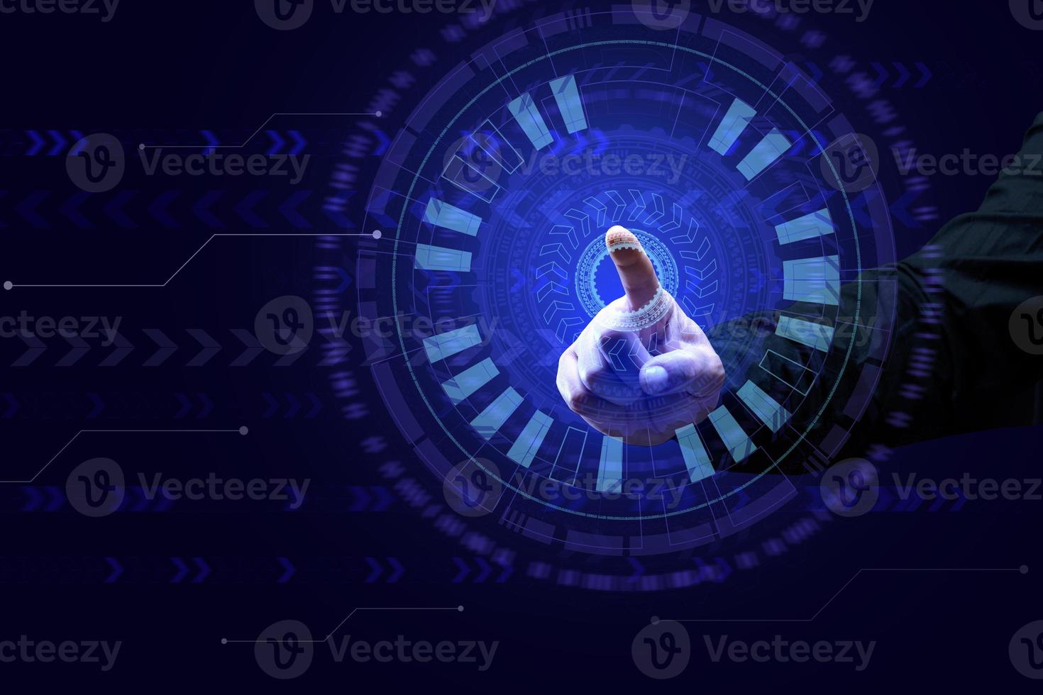 technological abstract background with pie charts and male hand on a dark blue background. The concept of innovation, processing and storage of data on the Internet photo