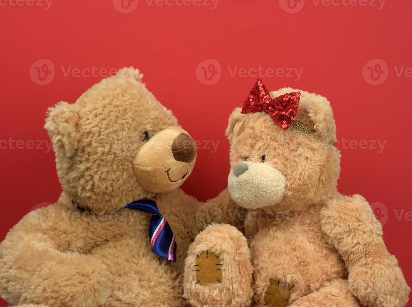 two brown teddy bears sitting opposite each other on a red background photo