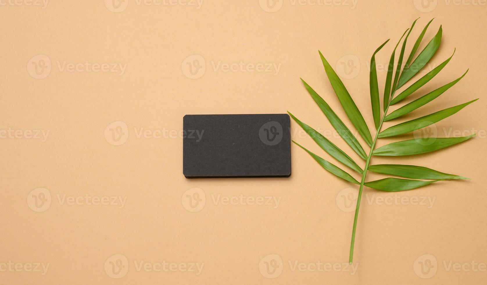 a stack of rectangular black paper business cards and a leaf of a palm tree on a brown background. View from above photo