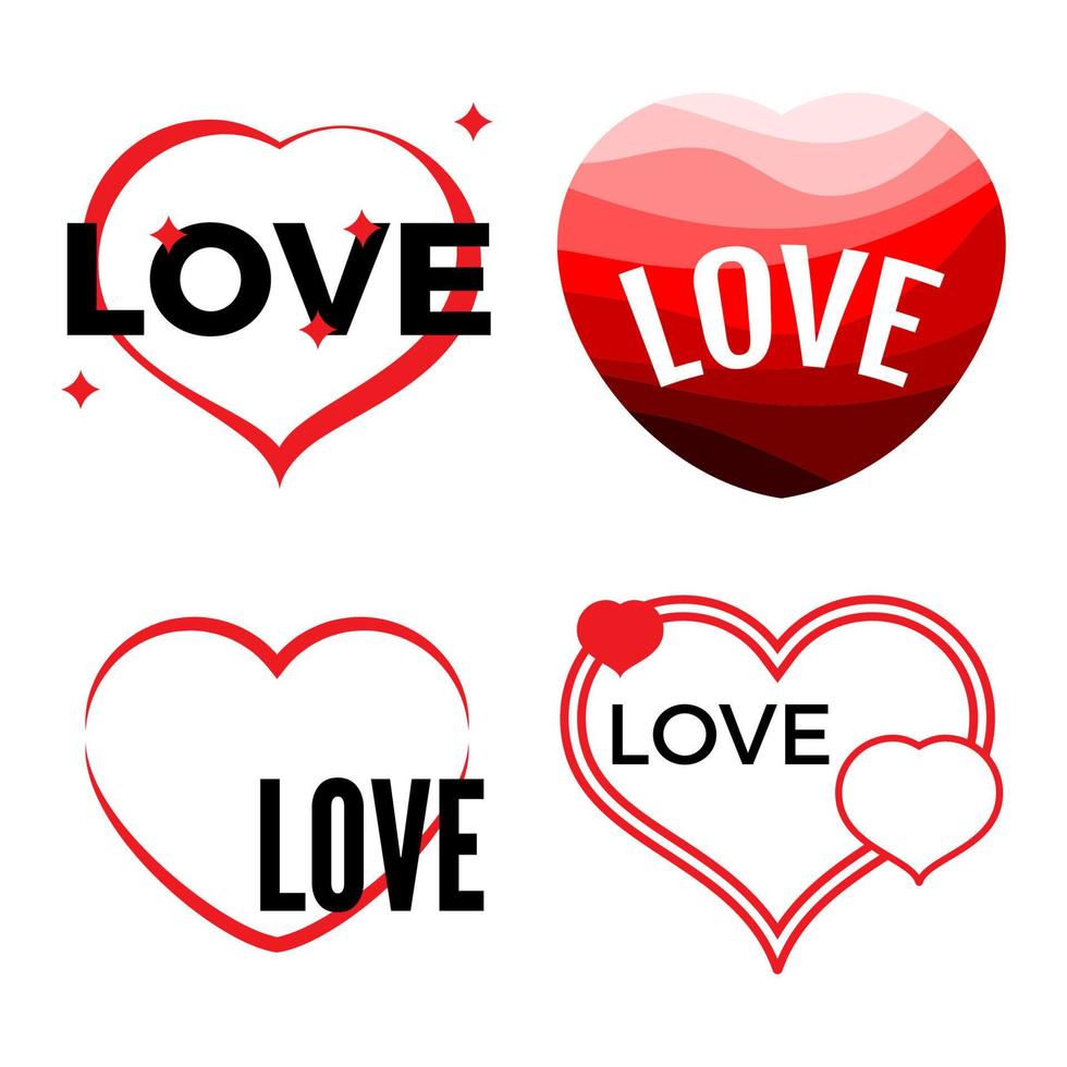 Set of four red hearts on a white background with inscription Love. Vector illustration.