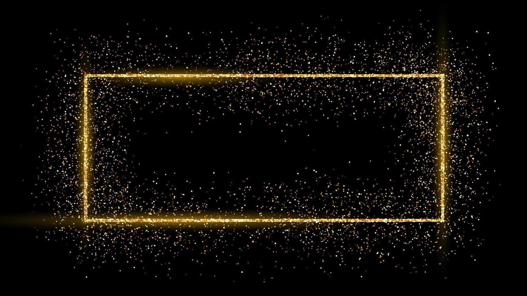 Golden rectangle frame with glitter, sparkles and flares on dark background. Empty luxury backdrop. Vector illustration.