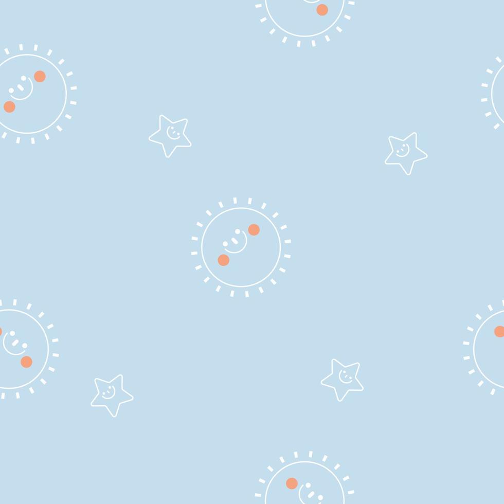 seamless minimal cute, sweet, pastel, line art smiling sun and star repeat pattern in blue background, flat vector illustration design