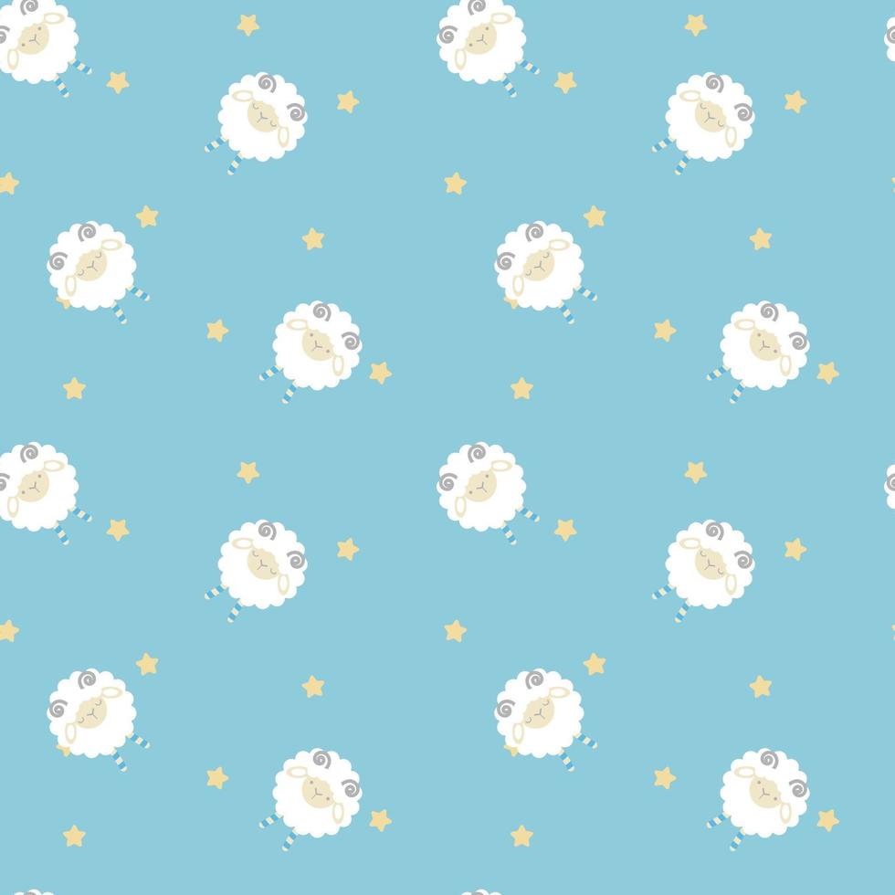 seamless minimal cute, sweet, colorful, pastel animal pet sheep, lamb and star in the sky repeat pattern, blue background flat vector illustration design
