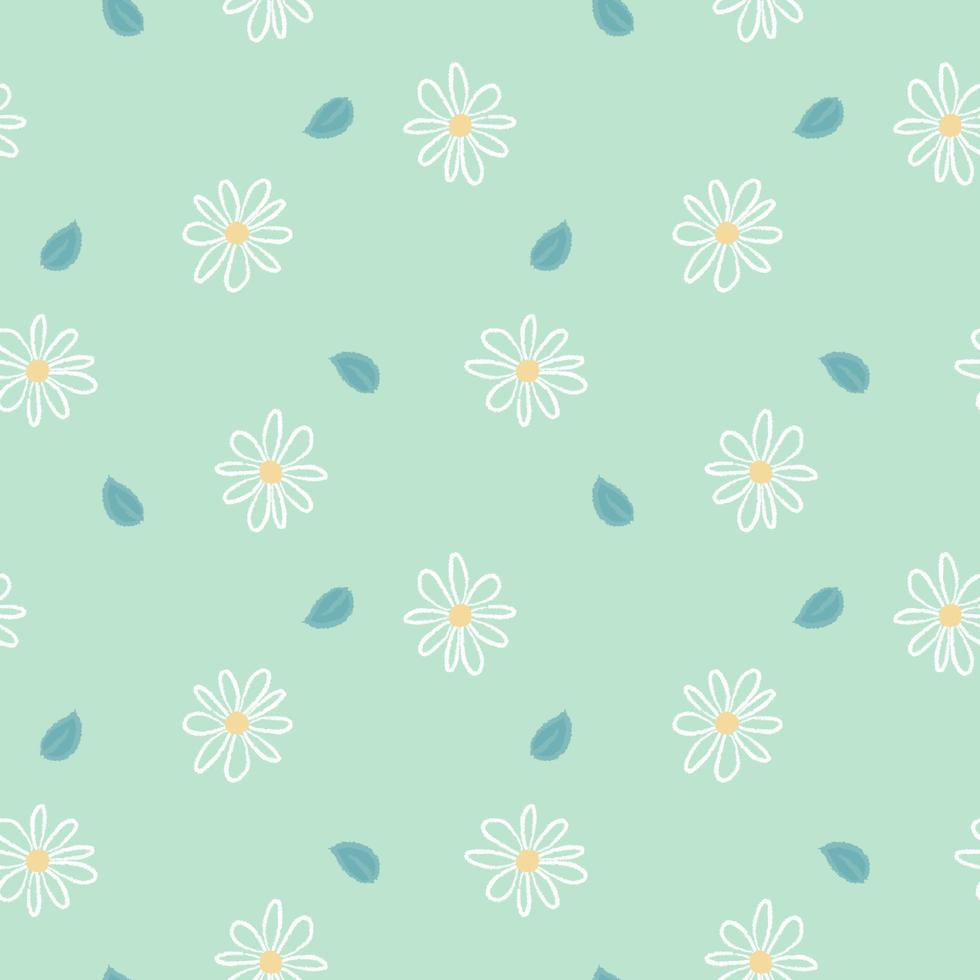 seamless wood pencil, crayon doodle hand drawing grunge line art flower with leaf repeat pattern in green background, flat vector illustration design