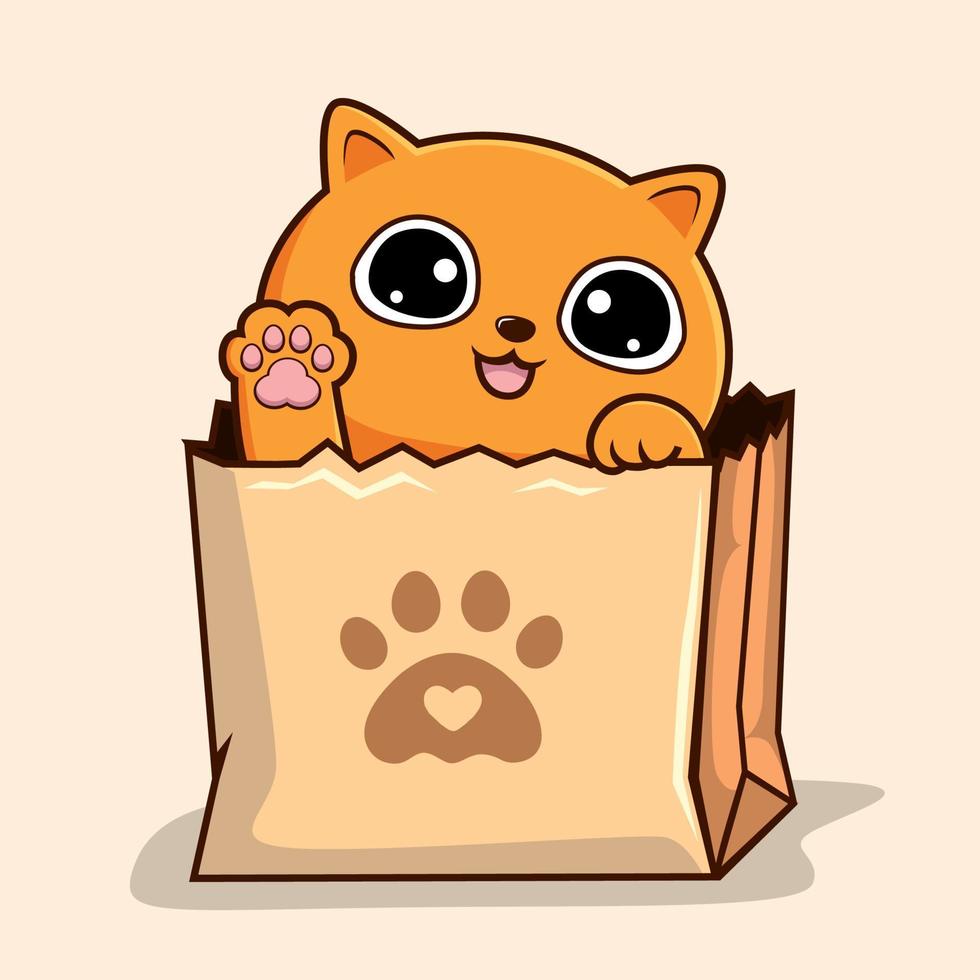 Cat in Paper Bag - Cute Orange Cat Peekaboo in Shopping Bag Waving Hand Paws Kawaii vector