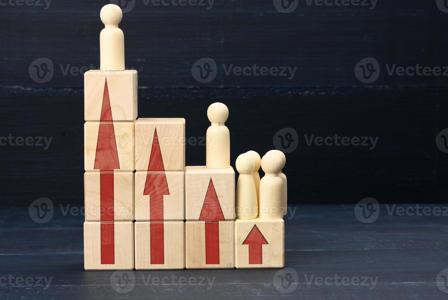 wooden figures of men on a ladder made of blocks. The concept of career advancement, starting at work, achieving goals photo