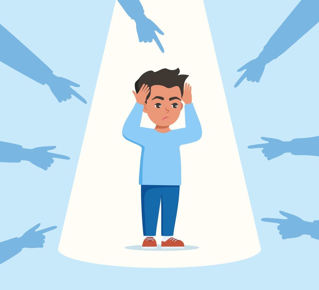 Sad or depressed boy kid surrounded by hands with index fingers pointing at him. Social bullying concept. Public trolling, shaming. Vector illustration.