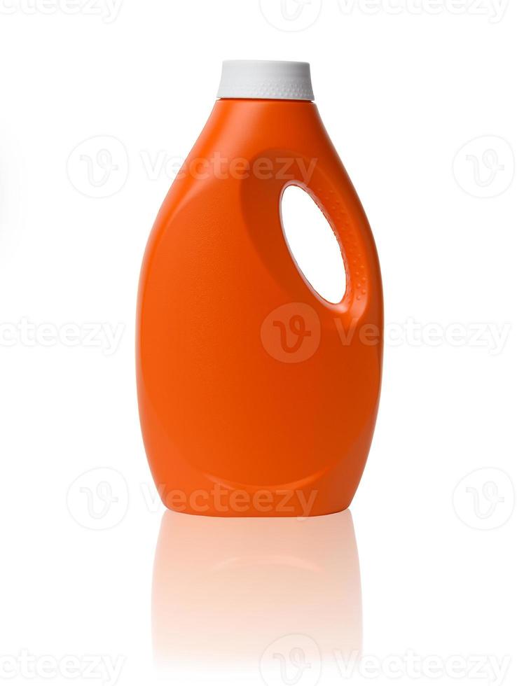 orange plastic bottle for liquid laundry detergent isolated on white background photo