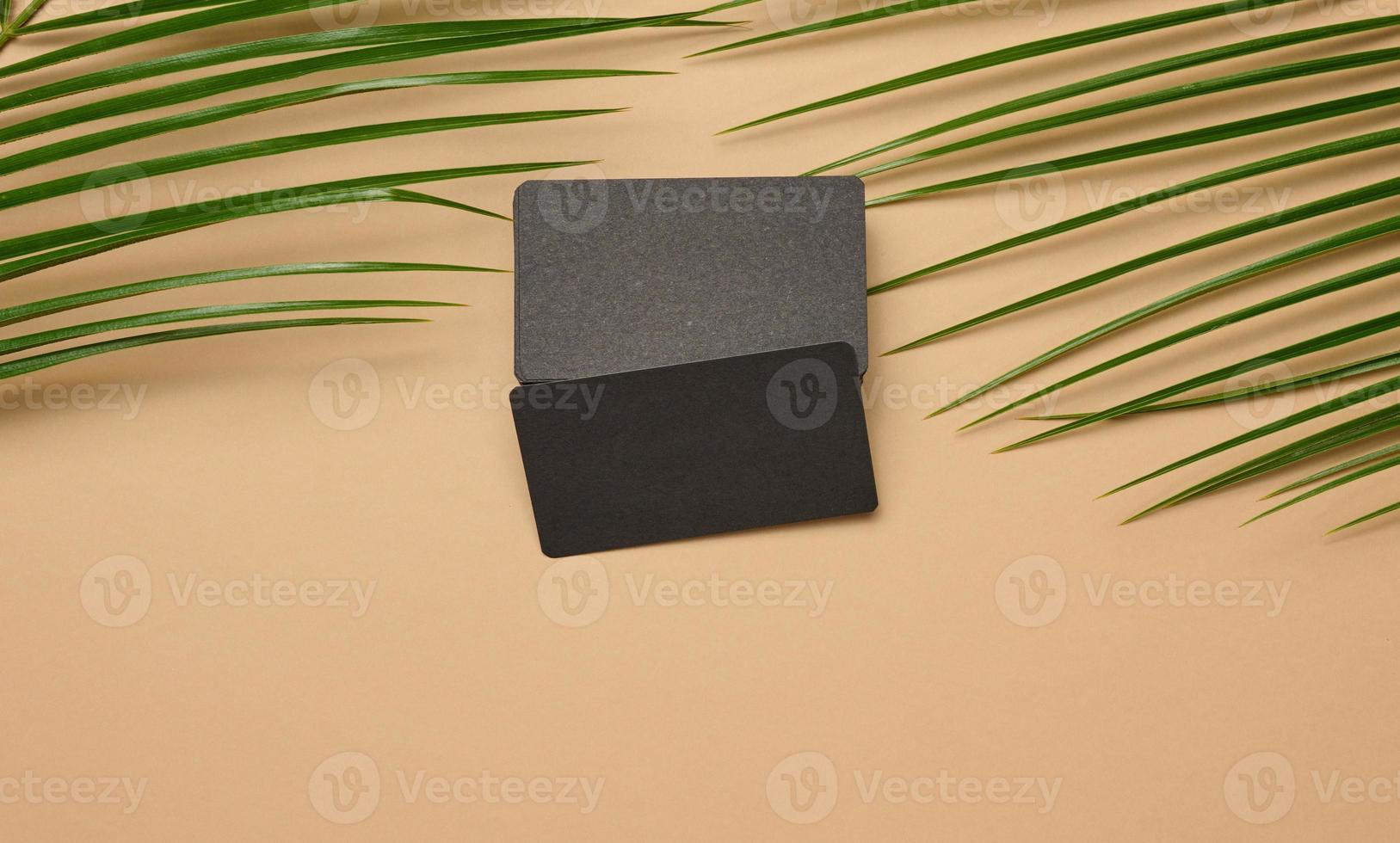 a stack of rectangular black paper business cards and a leaf of a palm tree on a brown background. View from above photo
