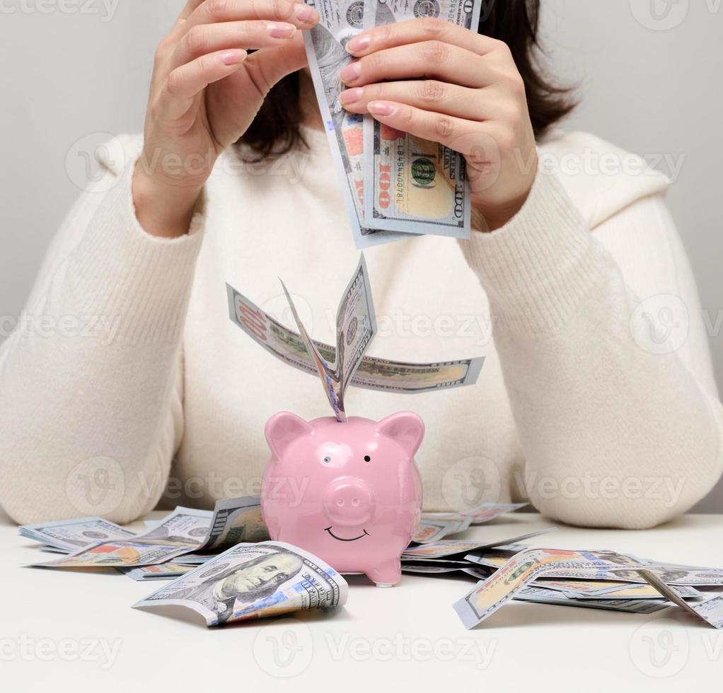 pink ceramic piggy bank and woman with American paper money. Wealth concept, bargain, accumulation. High profitable margin photo
