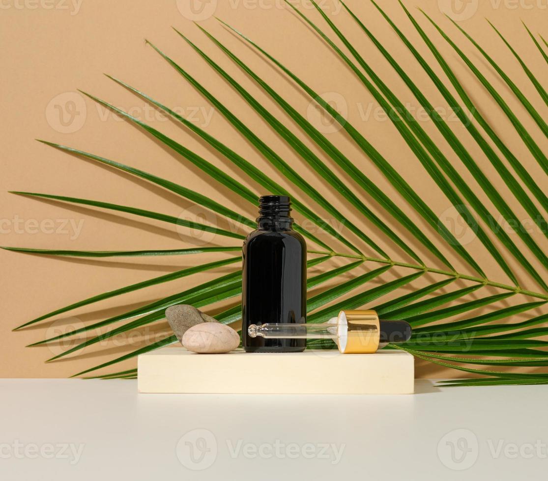 brown glass bottle with a pipette stands on a brown background. Container for cosmetics, serum and oil. Palm leaf photo