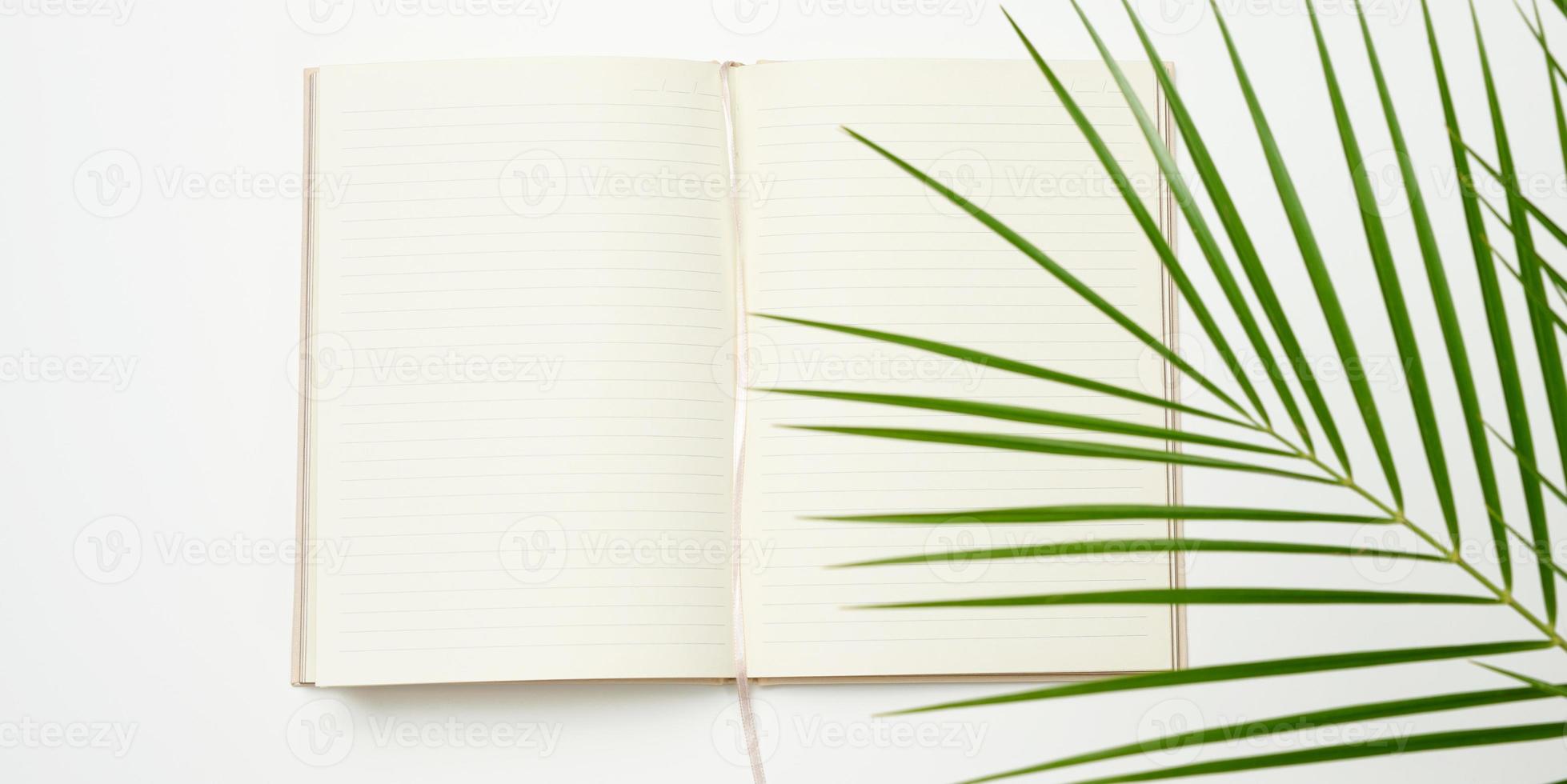 open notebook with blank white sheets on a white background photo