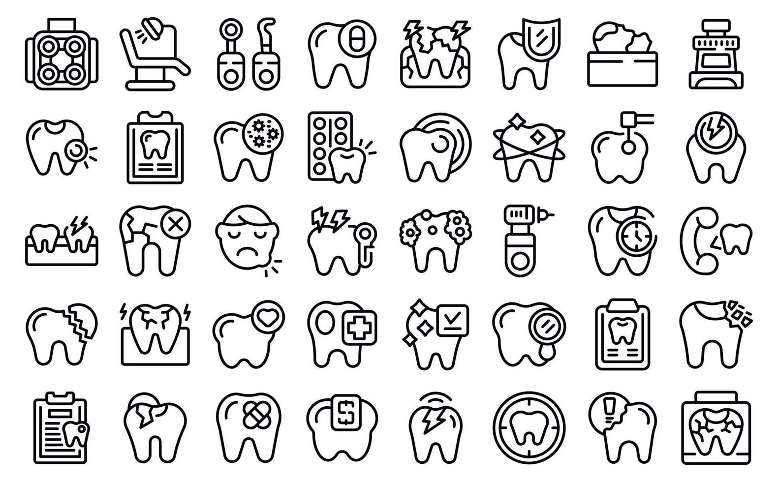 los iconos de dolor de muelas establecen el vector de contorno. niño con dientes