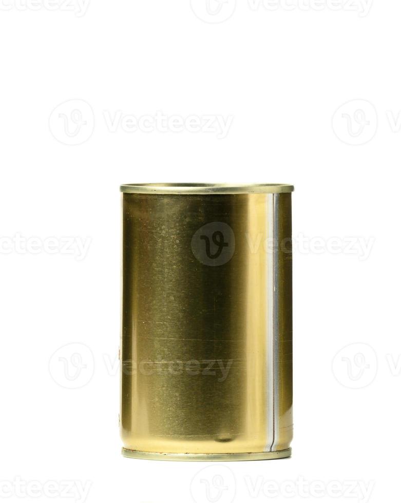 metal tin can for food preservation isolated on white background. Container for olives, corn, beans photo