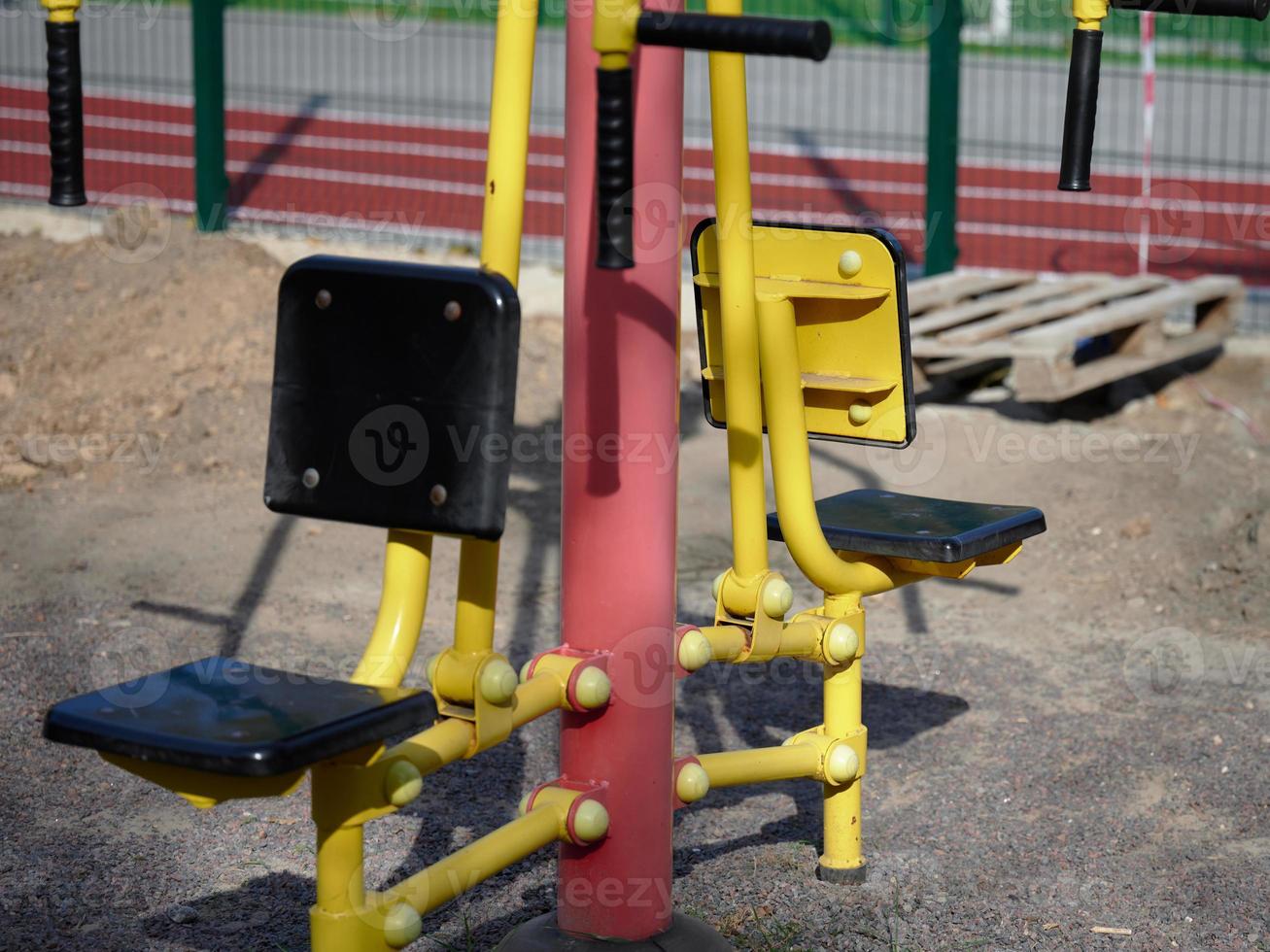 sports equipment in a public park without people, an empty playground during a pandemic and epidemic. Lockdown time photo